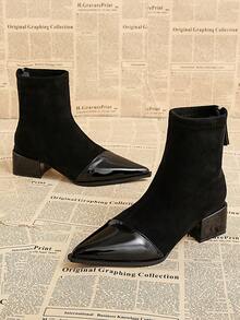 Elegant Patent Leather Patchwork Women's Ankle Boots, Pointed Toe Chunky Heel Zipper Closure Slim Fit Fashion Boots, 2025 Autumn/Winter New Classic Business Boots, Suitable For Street, Business, Party, Wedding, Nightclub, Masquerade Ball