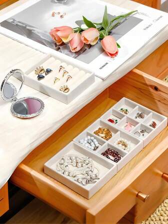 Juego de 5/1 pieza Gris. Bandeja de exhibición de joyería de terciopelo beige pequeña - Cajas de almacenamiento forradas de tela para pulseras, aretes y anillos, bandejas de almacenamiento de joyería, bandejas de joyería, aretes, collares de joyería, anillos, decoración del hogar, regalos de Año Nuevo, regalos del Día de San Valentín