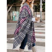 Women's Boho Open Front Poncho Knitted Plaid Shawl Wrap Cape Tassel Cardigan Sweater,28125878 - 玫紅色 - 查看 2
