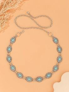 Cadena de cintura vintage bohemia de turquesa ovalada, cinturón de metal para vestido, chaqueta, adecuado para primavera, verano, otoño, invierno - Plateado - Ver 9