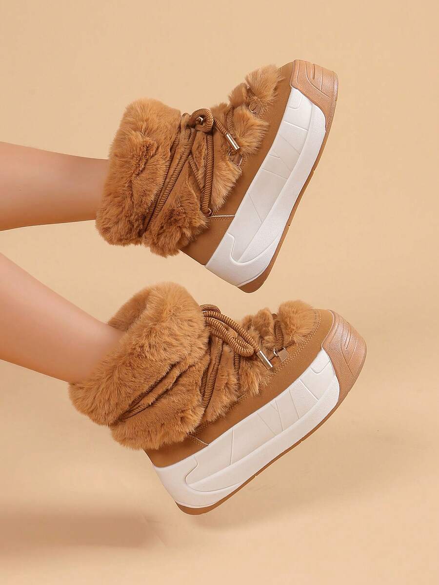 Stivali da neve imbottiti termicamente per donne, stile fashion per esterno con suola platform spessa, adatti per autunno/inverno - Cammello - Visualizzare 1