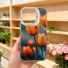 Cubierta de teléfono con diseño de tulipanes naranjas y escarabajo rojo color negro para mujer elegante uso diario en floristería Aplicable a los teléfonos de la serie Apple y Galaxy - Blanco - Ver 5