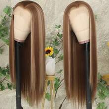 13X4 Pink & Brown Lace Front Wigs Pre Plucked Soft Free Part Long Straight Wigs Glueless Pink Skunk Stripe Wig Wear And Go Wig Heat Resistant Fiber Hair Synthetic Lace Front Wigs For Fashion Women For Daily Christmas Party Cosplay Use - 挑染金色 - 查看 3