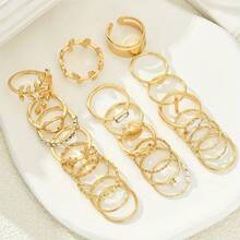 17KM 48/28 قطعة مجموعة خواتم هندسية مرصعة بالراين ستون، إكسسوارات بسيطة عصرية، مجموعات خواتم للنساء - ذهبي أصفر - مشاهدة 3