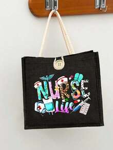 Conjunto de sacolas temáticas para enfermeiros, sacola de compras com estampa médica e bolsa organizadora combinando, projetada para profissionais da saúde, ideal para transportar suprimentos médicos, itens essenciais e presentes. Adequada para enfermeiros, equipe médica e entusiastas da área da saúde, perfeita para o dia a dia, visitas ao hospital e para presentear pessoas queridas, adicionando um toque de estilo ao seu visual. Design durável com estampas temáticas de enfermagem em destaque, um presente ideal para o Natal e Ano Novo. - Multicolorido - Ver 5