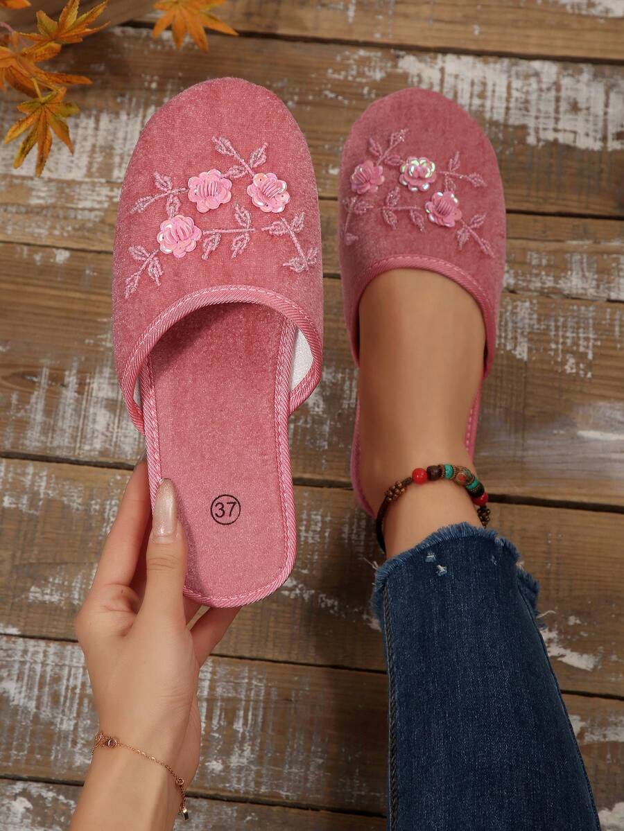 1 Pair Handmade Beaded Floral Retro Round Toe Slippers For Women, Comfortable Lightweight Indoor Slippers, Available In Black, Pink, And Multiple Colors, Plus Size