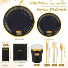 350 Pcs Black Party Dinnerware Set Disposable Paper Plates For 50 Guests 9in And 7in Dinner Dessert Plates Napkins Gold Rim Plastic Cups Knives Forks Spoons For Party Wedding Round Event Supplies With Elegant Gold Trim And -Friendly Materials - Black - View 2
