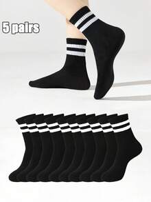5/10 Pairs Unisex Soft & Comfortable Striped Black Mid-Calf Socks, Suitable For Daily Wear, Outdoor, Casual Sports, Loafers, Sneakers, All Seasons - Black - View 8