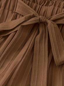 UREREM 120克梭织面料竖条纹褶裥松紧腰蝴蝶结休闲阔腿裤 春季款 - 卡其色 - 查看 5