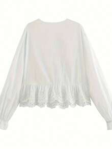Plus Size Woven Long Sleeve Shirt With Hollow Lace Trim And Tie Front - White - View 4