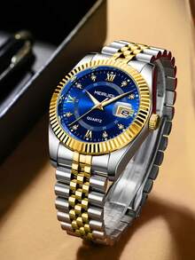 1 Stück Herren Mode Koreanischer Stil Strass Kalender Quarz Uhr mit Edelstahlarmband, Lässig Business Paar Uhr - Einheitsgröße - Übersicht 3