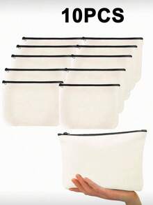 5/10个装米色空白帆布拉链袋 - 多功能DIY手工、化妆品和铅笔收纳袋，适合旅行和收纳，手工收纳 | 简约设计 | 拉链袋，用于存放化妆品、洗漱用品和文具，白色带黑色拉链，洗漱包