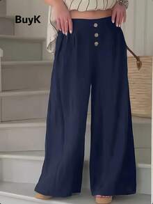 BuyK [Pants]BuyK Women's Navy Blue High-Waisted Buttoned Linen Wide-Leg Pants - Unlock American Lazy Chic