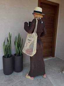 Senya 女士深V领系带长款喇叭袖针织连衣裙，沙滩罩衫，春夏度假，优雅海滩泳装，休闲时尚，日常通勤，派对，2026情人节新款针织长裙 - 咖啡棕 - 查看 9