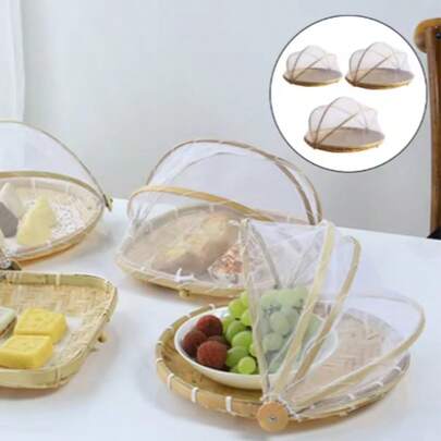 1个编织食品服务帐篷篮，托盘水果户外防虫罩竹编织网篮，野餐储物防尘罩工具