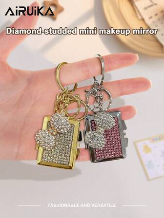 Bowknot Creative Portable Rhinestone Keychain Folding Double-Sided Rectangular Makeup Mirror Metal Lanyard Key Chain