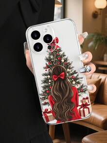 Funda de teléfono con diseño de chica frente al árbol de Navidad en estilo artístico, estampado navideño con vestido rojo, lazo en el cabello y árbol decorado con bolas y regalos, ambiente festivo y acogedor ideal para Navidad y celebraciones, estilo elegante y romántico, funda transparente, resistente a golpes, alta transparencia, compatible con iPhone17/16/15/14/13/12/11/Plus/Pro/ProMax, compatible con Galaxy A34/A35/A54/A55, Galaxy S20/S21/S22/S23/S24/S25 Ultra/Plus, compatible con Moto/Galaxy/Redmi/Honor/OPPO - transparente - Ver 6