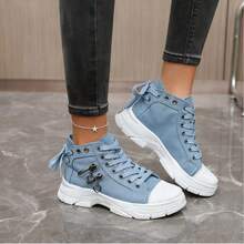 2025新款帆布高帮女鞋，透气厚底休闲运动鞋，蓝色牛仔靴，运动靴