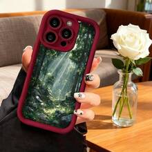 Cubierta de teléfono con borde protector negro con estampado de bosque mágico y rayos de sol para uso diario y viajes - Café integral - Ver 5