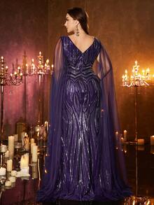 UNITHORSE Plus Đầm dạ hội Maxi bó sát, cổ chữ V, tay bồng, đính sequin, vải lưới, cắt ngẫu nhiên, dành cho nữ [Cắt ngẫu nhiên] - Màu tím - Xem 2