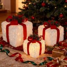 Juego de 3 cajas de regalo navideñas iluminadas, adornos navideños para exterior, adornos para árbol de Navidad, cestas de regalo navideñas iluminadas para decoración de jardín (blanco, 15/20/25 cm) - A - Ver 6