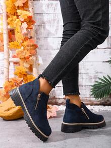 女士踝靴，女鞋冬靴，女士平底鞋，新款踝靴，带拉链的女鞋 - 藏蓝色 - 查看 7