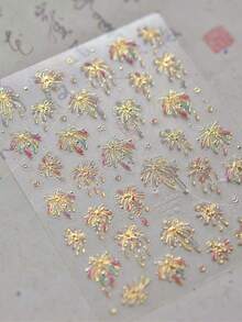 1pc Shiny Gold Explosion Firework 5D Nail Art Sticker, Dazzling Oriental Celebration Nail Decals, Luxury Holiday Nail Stickers For Women, Suitable For Short & Long Nails, Self-Adhesive Decoration