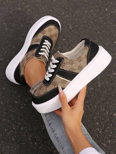 Women's Plus Size 36-43 Spring/Autumn Fashion Versatile Brown Floral Patchwork Black Lace-Up Thick Sole Casual Sneakers, Lightweight Comfortable Casual Flat Shoes For Daily Wear