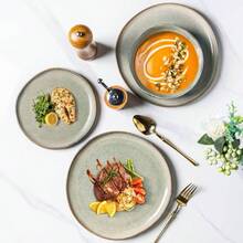 - Juego de vajilla de cermica hecho a mano, juego de platos y cuencos de gres reactivos, altamente resistente a los araazos, juego de platos aptos para lavaplatos y microondas, servicio para - Servicio caqui para 4 - Ver 5