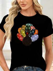 Camiseta de  con Estampado de Pavo Multicolor para Fiesta de Acción de Gracias - Negro - Ver 6