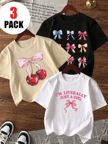 3件套女童休闲印花圆领短袖T恤，适合学生夏季穿着 - 复古蝴蝶结彩色T恤，为每个孩子带来快乐！童装，女童图案T恤，夏季上衣，青少年服装