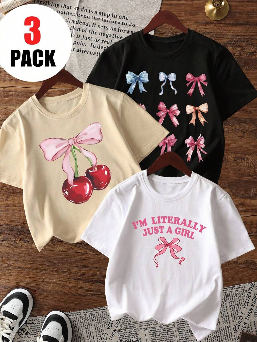 3pcs/Set Girls' Casual Printed Round Neck Short Sleeve T-Shirt, Suitable For Students To Wear In Summer - Retro Bowknot Colorful T-Shirt, Bringing Joy To Every Child! Children's Clothing, Girls' Graphic Tee, Summer Top, Teen Apparel - Apricot - View 1