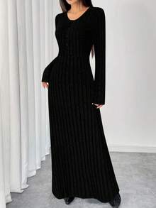 Women's Plus Size Autumn/Winter Brushed Ribbed Knit Dress, Fashionable Elegant V-Neck Half-Button Front Dress - Black - View 3