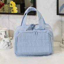 New Fashionable Women's Lightweight Travel Cosmetic Bag 4-Compartment Design Front Pocket With Two Large Mesh Pockets And Clear Bottom Storage Bag Includes Elastic Drawstring Makeup Brush Pouch Available In Four Colors - Blue - View 4