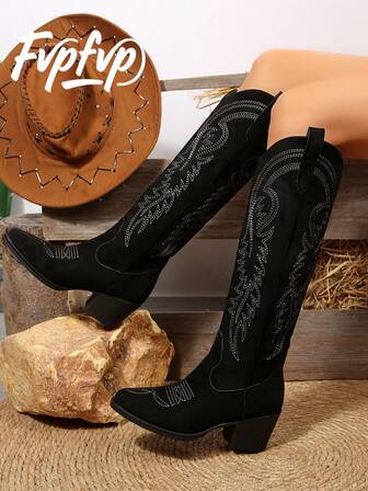 FVPFVP Fall/Winter Vintage Embroidered Western Cowgirl Boots For Women, New 2025 Summer Riding Boots, Chunky Heel Brown Tall Boots, Slim Fit Women Shoes