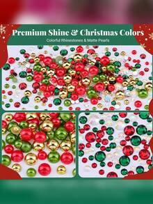 6560颗圣诞主题扁平仿珍珠和水钻套装，半仿珍珠和AB彩钻，包含镊子和笔，是DIY圣诞礼物美甲的理想之选 - 綠色 - 查看 4