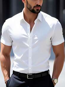 Stylish Men's Short-Sleeved Shirt With Lapel And Buttons For Summer. - White - View 4