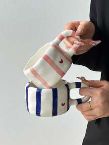 1pc Striped Heart Ceramic Coffee Mug, Elegant Minimalist Ceramic Mug, Ceramic Cup, Water Cup, Creative Hand-Painted Ceramic Juice Cup, High-Quality Afternoon Tea Cup, Breakfast Milk Cup, Gift Mug, Suitable For All Seasons - Multicolor - View 2