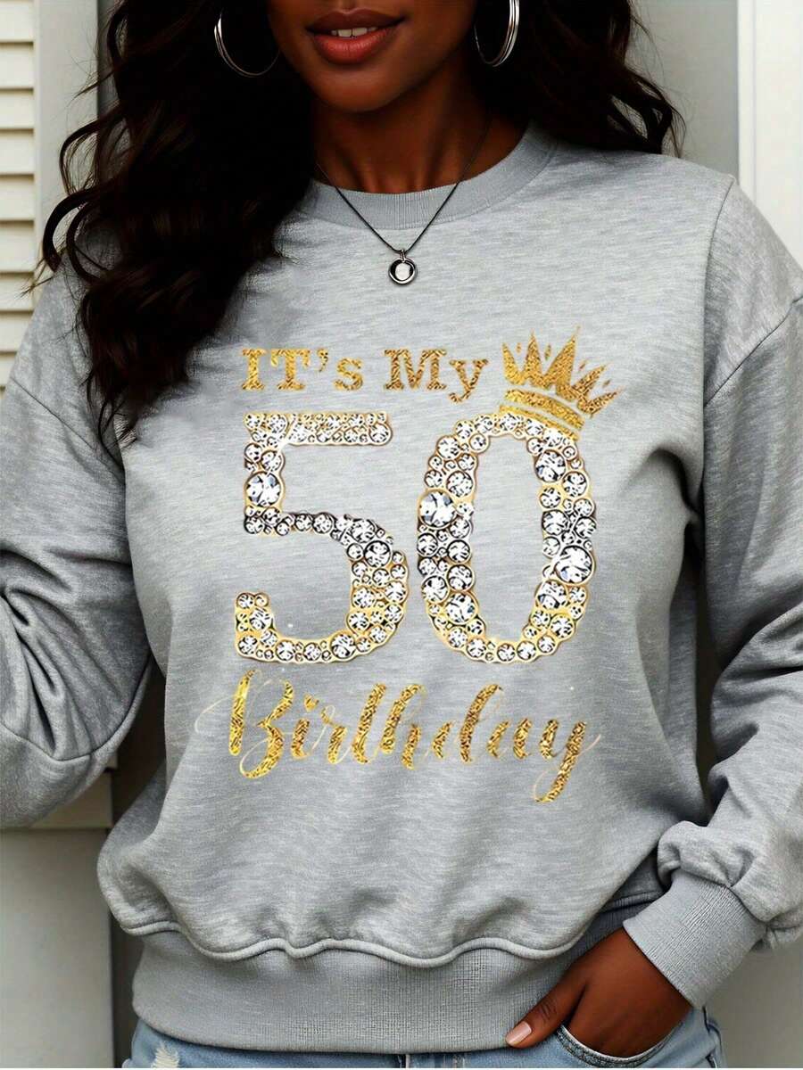 Sweatshirt Its My 50 Birthday Rhinestone Crown Design Women's Casual Long Sleeve Top 50th Birthday Celebration Party Gift For Her - Grey - View 1