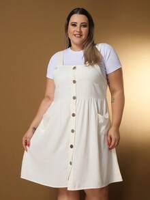Plus Size Linen Short Dress With Button And Pocket, New Model. - White Off - View 2