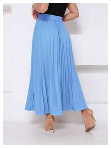 LXC Women's Pleated Skirt, Women's Vintage Midi Skirt, Elegant High-Waisted Long Skirt, Simple, Casual, Pleated, Office, Wedding - 淺色水洗藍 - 查看 7