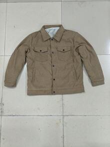 1件軍綠色燈芯絨外套，戶外露營風，羊羔絨內裡，翻領，工裝設計，多口袋，適合戶外團建與團體活動場景，實用百搭 - 咖啡棕 - View 7