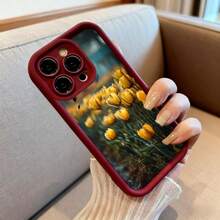 Cubierta de telefono con borde negro para iPhone con estampado de tulipanes amarillos en campo floral diseño elegante para uso diario y estilo urbano - Café integral - Ver 6