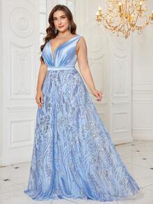 UNITHORSE Plus Feminino [Corte Aleatório] Decote em V Profundo Sem Mangas Lantejoulas Patchwork Cetim Slim Fit Maxi Vestido de Noite - Azul - Ver 4