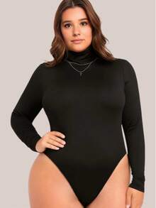 Long-Sleeved Bodysuit, Suflex Fabric, No Padding, Plus Size, Simple, Casual, Elegant. No Holidays. - 黑色 - 查看 1