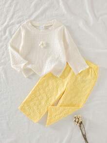2pcs Set Baby Girls Floral 3D Embroidery Long Sleeve T-Shirt & Flower Jacquard Pants, Sweet & Chic Style, Casual & Versatile - Yellow - View 2