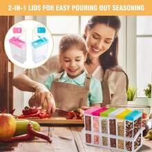 Botellas dispensadoras multifuncionales coloridas de 6 piezas, botellas de especias, caja de plástico para botellas de especias, dispensador de especias, juego de especias, estante de especias de 6 piezas, tarro de especias, contenedor de almacenamiento, contenedor de especias, tarro de especias con tapa, con bandeja, con sal, azúcar , especias, cereales - frascos de condimentos - Ver 5