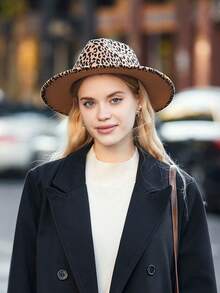 1顶豹纹宽檐软呢帽，男女通用时尚爵士帽，羊毛毡帽，女士冬季服装