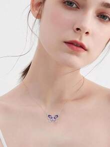 925 Sterling Silvery Butterfly Pendant Necklace, Suitable For Girls, Mothers, And Friends As Gifts - 紫色 - 查看 3