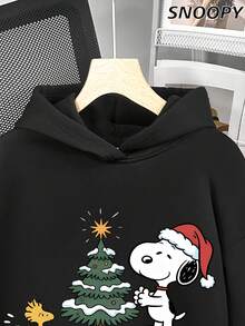 SNOOPY 圣诞树秋冬款连帽衫，休闲圣诞节 - 黑色 - 查看 3